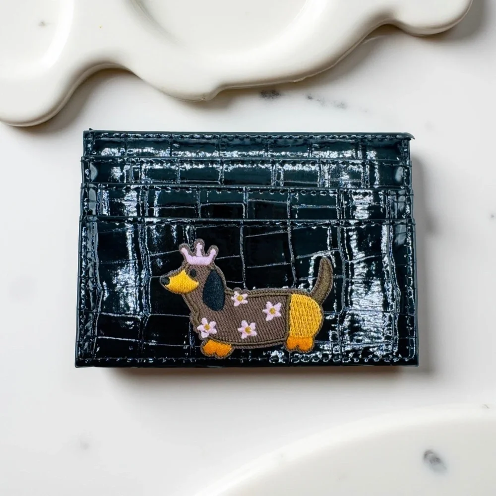 Faux Crocodile Black Embossed Glossy Small Dog Card Holder Wallet